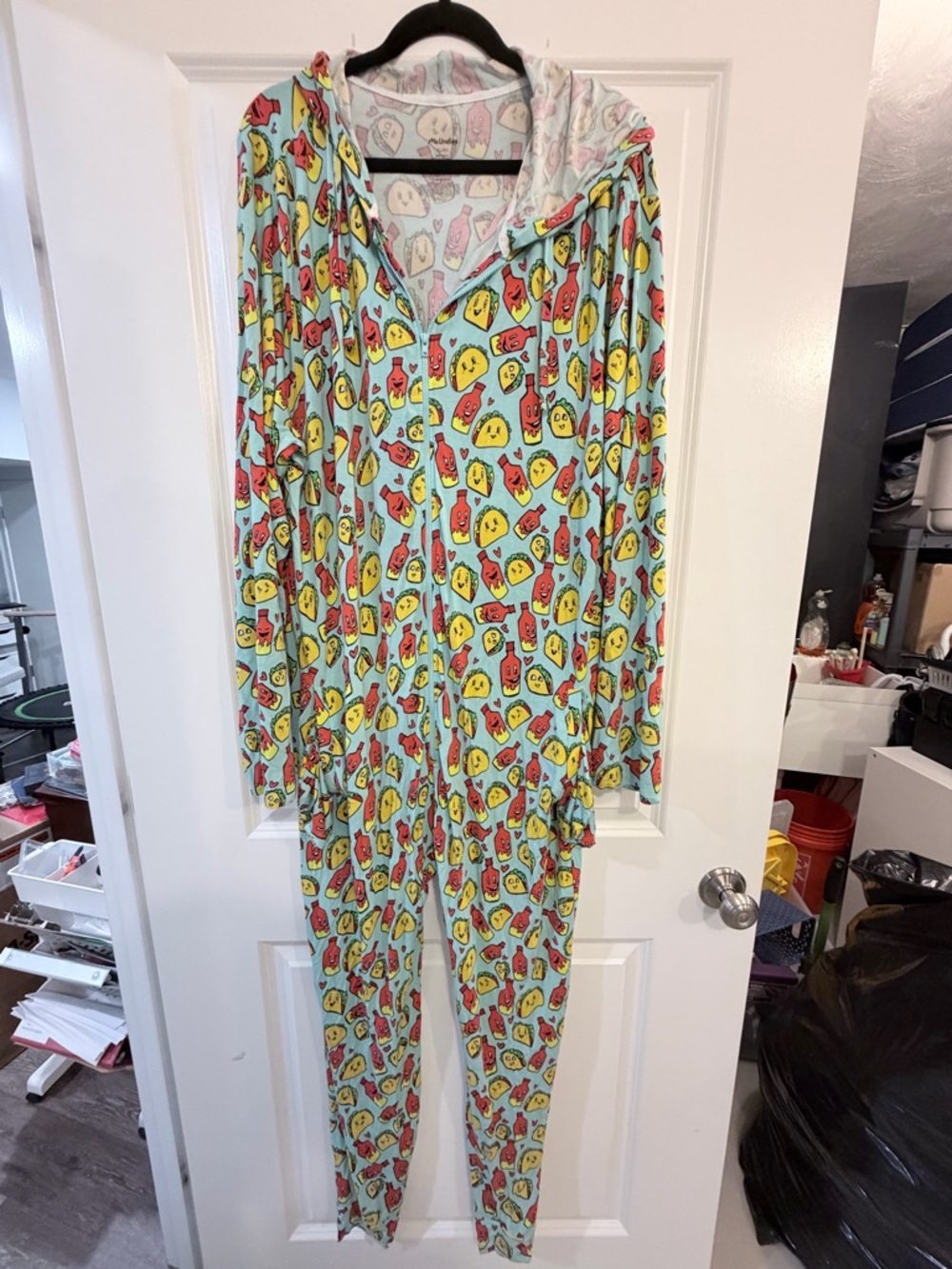 MeUndies Adult Hooded Pajama Set in Light Blue with Yellow & Red Snack Print